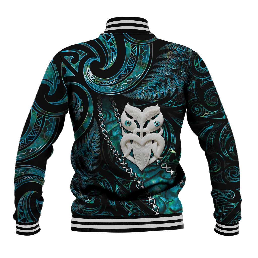 New Zealand Aotearoa Baseball Jacket Maori Wheku Paua Shell Glitter Turquoise