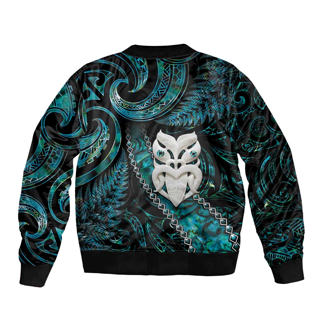New Zealand Aotearoa Bomber Jacket Maori Wheku Paua Shell Glitter Turquoise