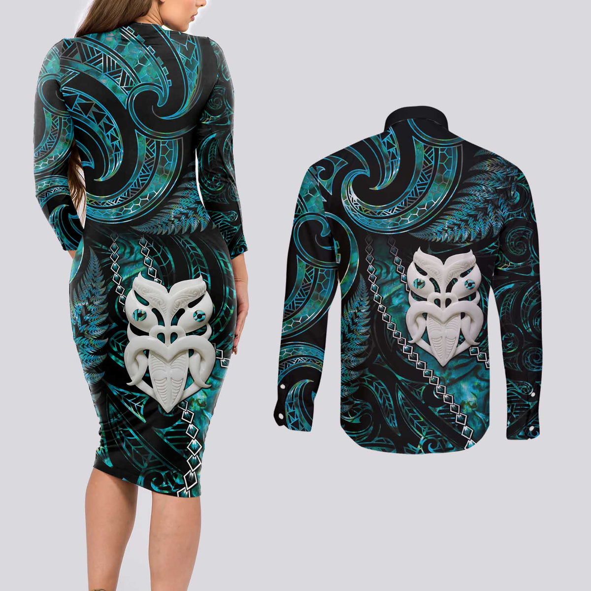New Zealand Aotearoa Couples Matching Long Sleeve Bodycon Dress and Long Sleeve Button Shirt Maori Wheku Paua Shell Glitter Turquoise LT05 - Polynesian Pride