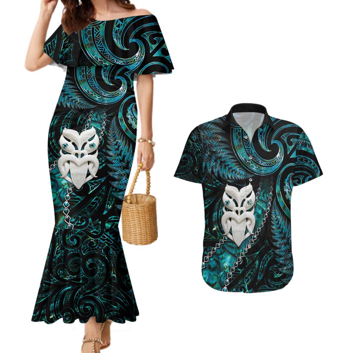 New Zealand Aotearoa Couples Matching Mermaid Dress and Hawaiian Shirt Maori Wheku Paua Shell Glitter Turquoise LT05 Turquoise - Polynesian Pride