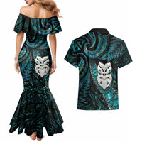 New Zealand Aotearoa Couples Matching Mermaid Dress and Hawaiian Shirt Maori Wheku Paua Shell Glitter Turquoise LT05 - Polynesian Pride