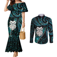 New Zealand Aotearoa Couples Matching Mermaid Dress and Long Sleeve Button Shirt Maori Wheku Paua Shell Glitter Turquoise LT05 Turquoise - Polynesian Pride
