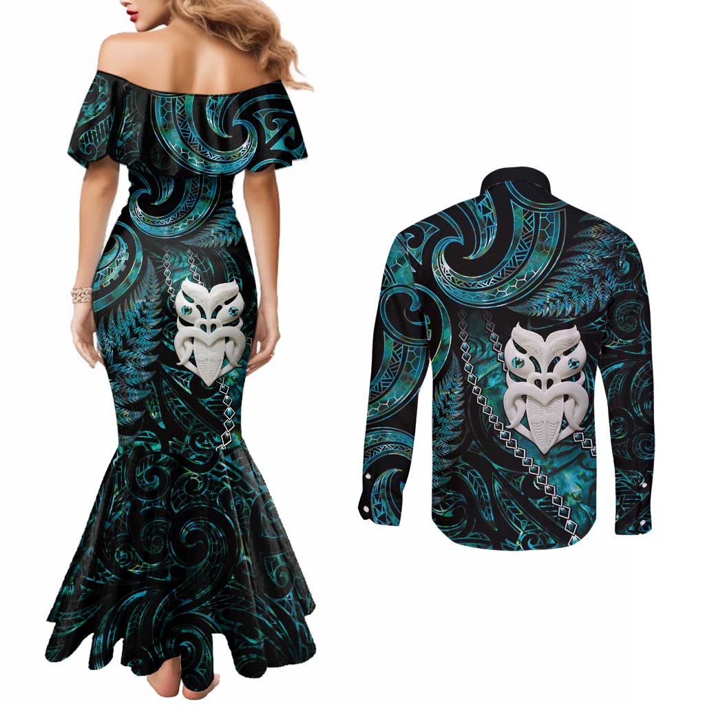 New Zealand Aotearoa Couples Matching Mermaid Dress and Long Sleeve Button Shirt Maori Wheku Paua Shell Glitter Turquoise LT05 - Polynesian Pride