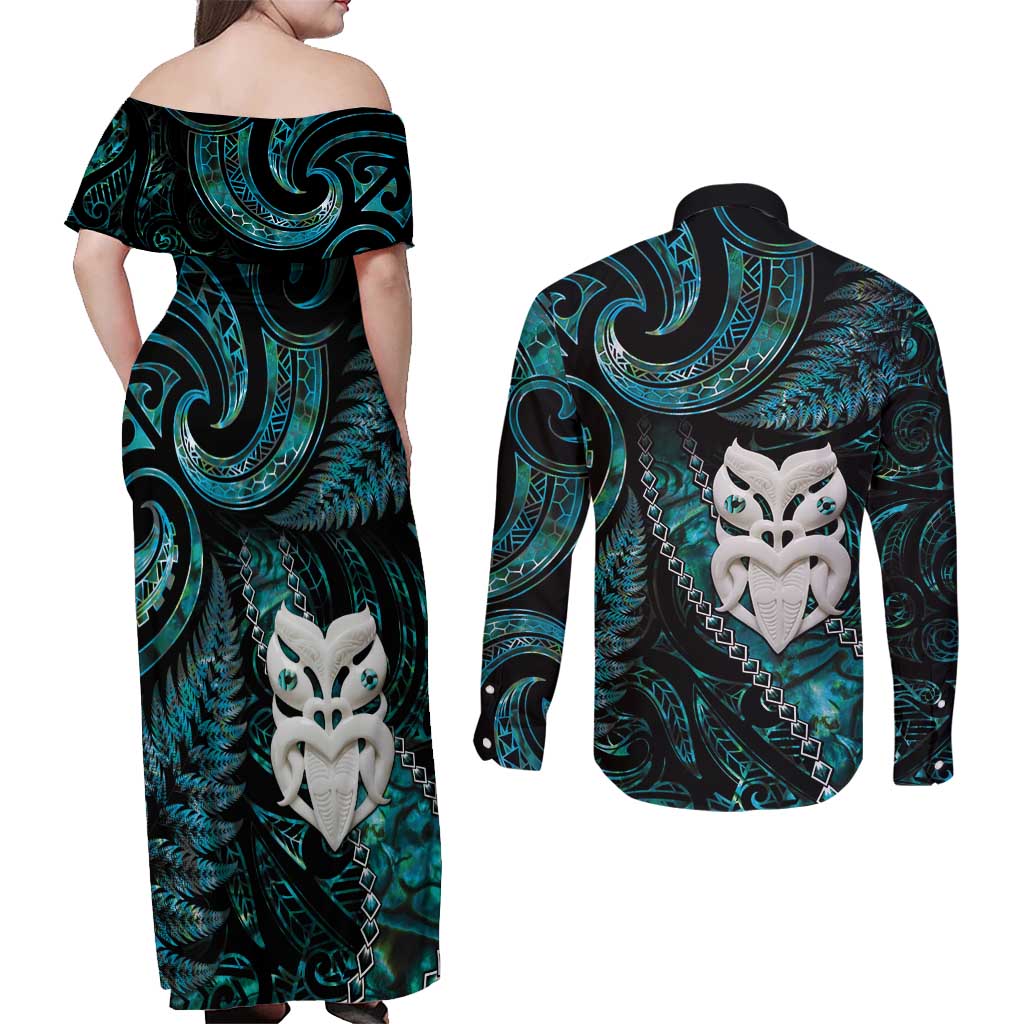 New Zealand Aotearoa Couples Matching Off Shoulder Maxi Dress and Long Sleeve Button Shirt Maori Wheku Paua Shell Glitter Turquoise