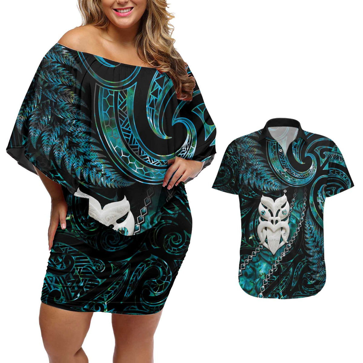 New Zealand Aotearoa Couples Matching Off Shoulder Short Dress and Hawaiian Shirt Maori Wheku Paua Shell Glitter Turquoise LT05 Turquoise - Polynesian Pride
