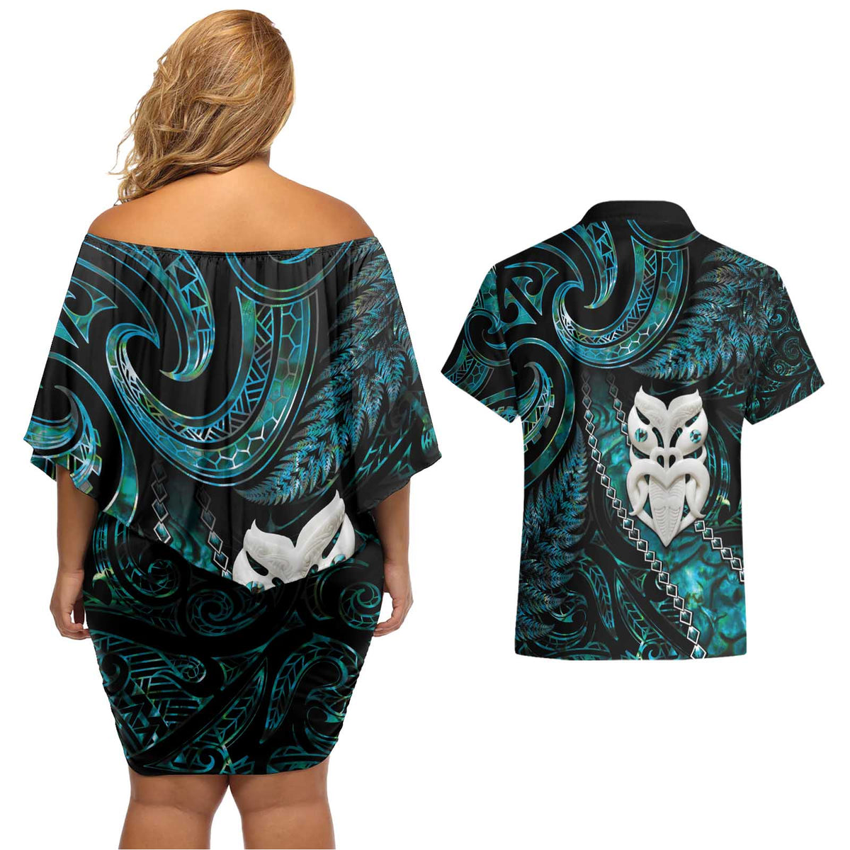New Zealand Aotearoa Couples Matching Off Shoulder Short Dress and Hawaiian Shirt Maori Wheku Paua Shell Glitter Turquoise LT05 - Polynesian Pride