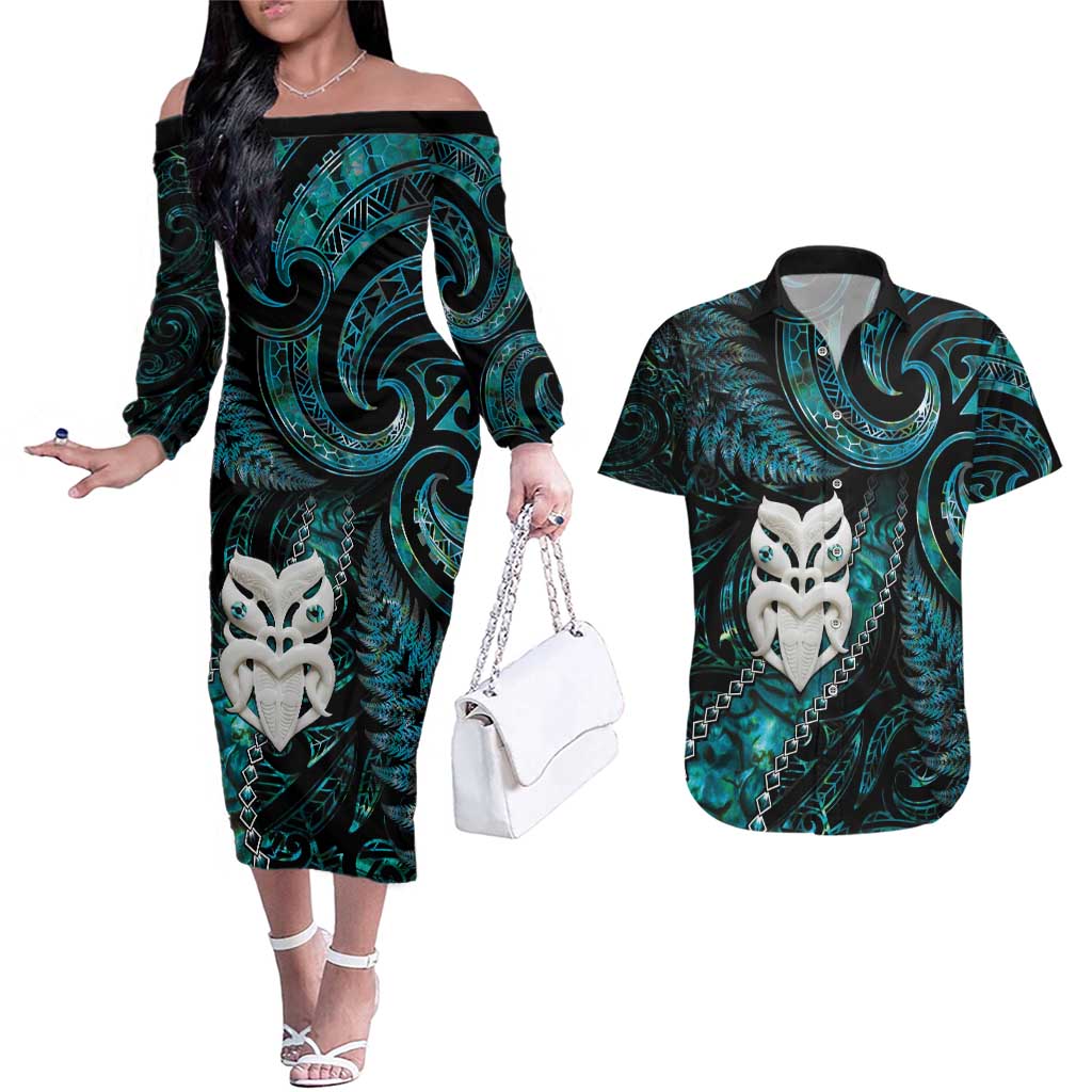 New Zealand Aotearoa Couples Matching Off The Shoulder Long Sleeve Dress and Hawaiian Shirt Maori Wheku Paua Shell Glitter Turquoise LT05 Turquoise - Polynesian Pride