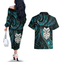 New Zealand Aotearoa Couples Matching Off The Shoulder Long Sleeve Dress and Hawaiian Shirt Maori Wheku Paua Shell Glitter Turquoise LT05 - Polynesian Pride