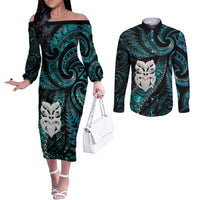 New Zealand Aotearoa Couples Matching Off The Shoulder Long Sleeve Dress and Long Sleeve Button Shirt Maori Wheku Paua Shell Glitter Turquoise LT05 Turquoise - Polynesian Pride
