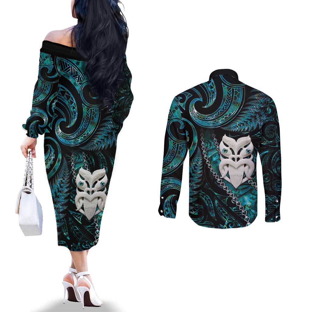 New Zealand Aotearoa Couples Matching Off The Shoulder Long Sleeve Dress and Long Sleeve Button Shirt Maori Wheku Paua Shell Glitter Turquoise LT05 - Polynesian Pride