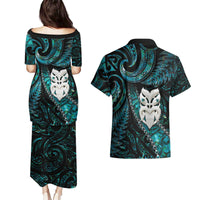 New Zealand Aotearoa Couples Matching Puletasi and Hawaiian Shirt Maori Wheku Paua Shell Glitter Turquoise