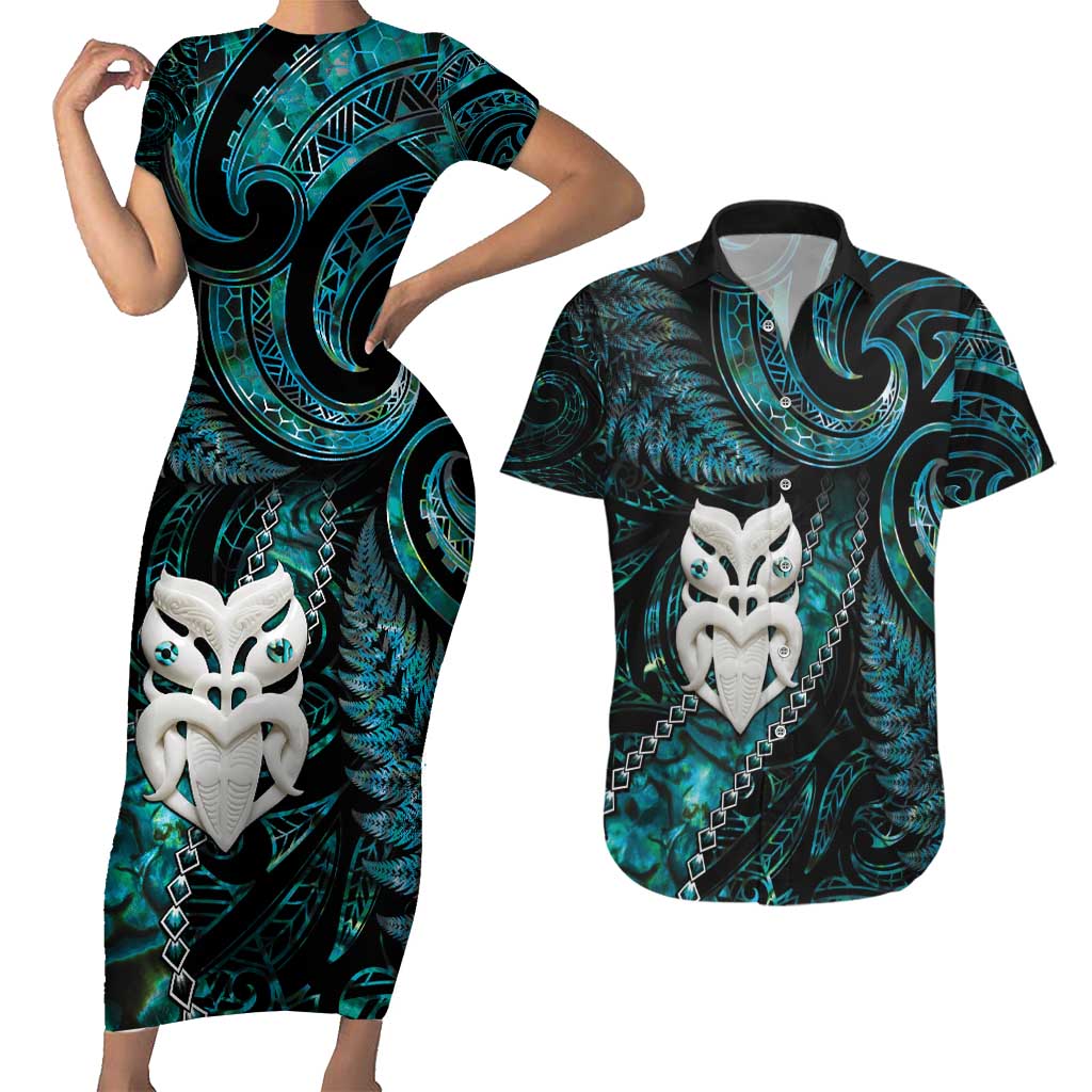 New Zealand Aotearoa Couples Matching Short Sleeve Bodycon Dress and Hawaiian Shirt Maori Wheku Paua Shell Glitter Turquoise LT05 Turquoise - Polynesian Pride
