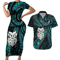 New Zealand Aotearoa Couples Matching Short Sleeve Bodycon Dress and Hawaiian Shirt Maori Wheku Paua Shell Glitter Turquoise LT05 Turquoise - Polynesian Pride