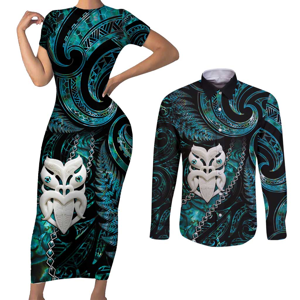 New Zealand Aotearoa Couples Matching Short Sleeve Bodycon Dress and Long Sleeve Button Shirt Maori Wheku Paua Shell Glitter Turquoise LT05 Turquoise - Polynesian Pride