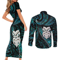 New Zealand Aotearoa Couples Matching Short Sleeve Bodycon Dress and Long Sleeve Button Shirt Maori Wheku Paua Shell Glitter Turquoise LT05 - Polynesian Pride