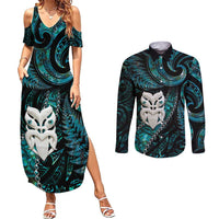 New Zealand Aotearoa Couples Matching Summer Maxi Dress and Long Sleeve Button Shirt Maori Wheku Paua Shell Glitter Turquoise LT05 Turquoise - Polynesian Pride