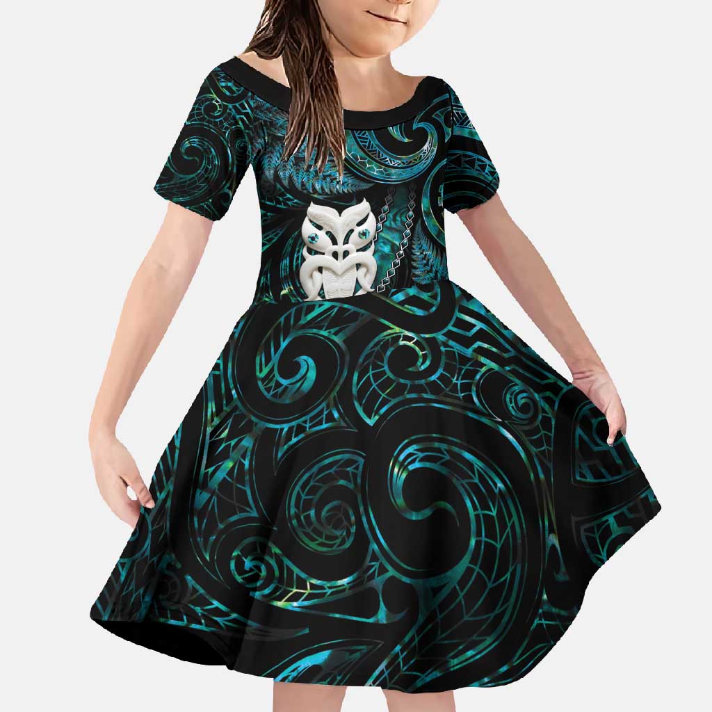 New Zealand Aotearoa Family Matching Long Sleeve Bodycon Dress and Hawaiian Shirt Maori Wheku Paua Shell Glitter Turquoise LT05 Daughter's Dress Turquoise - Polynesian Pride