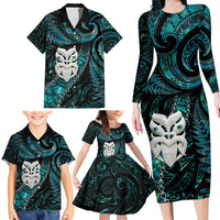New Zealand Aotearoa Family Matching Long Sleeve Bodycon Dress and Hawaiian Shirt Maori Wheku Paua Shell Glitter Turquoise LT05 - Polynesian Pride