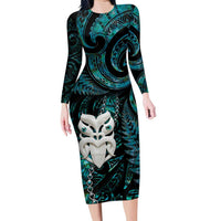 New Zealand Aotearoa Family Matching Long Sleeve Bodycon Dress and Hawaiian Shirt Maori Wheku Paua Shell Glitter Turquoise LT05 Mom's Dress Turquoise - Polynesian Pride