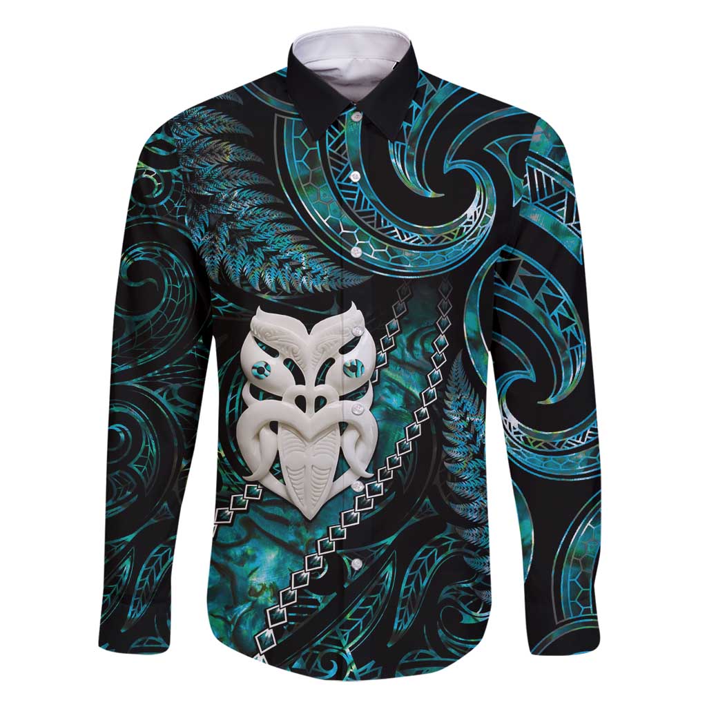 New Zealand Aotearoa Family Matching Mermaid Dress and Hawaiian Shirt Maori Wheku Paua Shell Glitter Turquoise LT05 Dad's Shirt - Long Sleeve Turquoise - Polynesian Pride