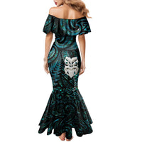 New Zealand Aotearoa Family Matching Mermaid Dress and Hawaiian Shirt Maori Wheku Paua Shell Glitter Turquoise LT05 - Polynesian Pride