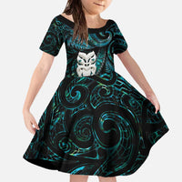 New Zealand Aotearoa Family Matching Off The Shoulder Long Sleeve Dress and Hawaiian Shirt Maori Wheku Paua Shell Glitter Turquoise LT05 Daughter's Dress Turquoise - Polynesian Pride