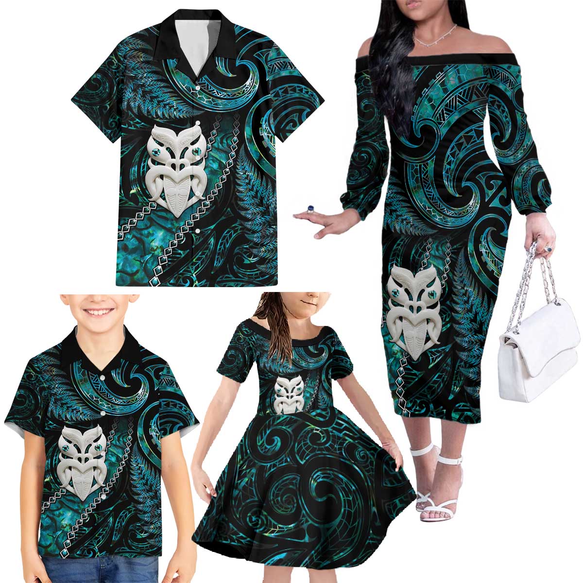 New Zealand Aotearoa Family Matching Off The Shoulder Long Sleeve Dress and Hawaiian Shirt Maori Wheku Paua Shell Glitter Turquoise LT05 - Polynesian Pride
