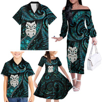 New Zealand Aotearoa Family Matching Off The Shoulder Long Sleeve Dress and Hawaiian Shirt Maori Wheku Paua Shell Glitter Turquoise LT05 - Polynesian Pride