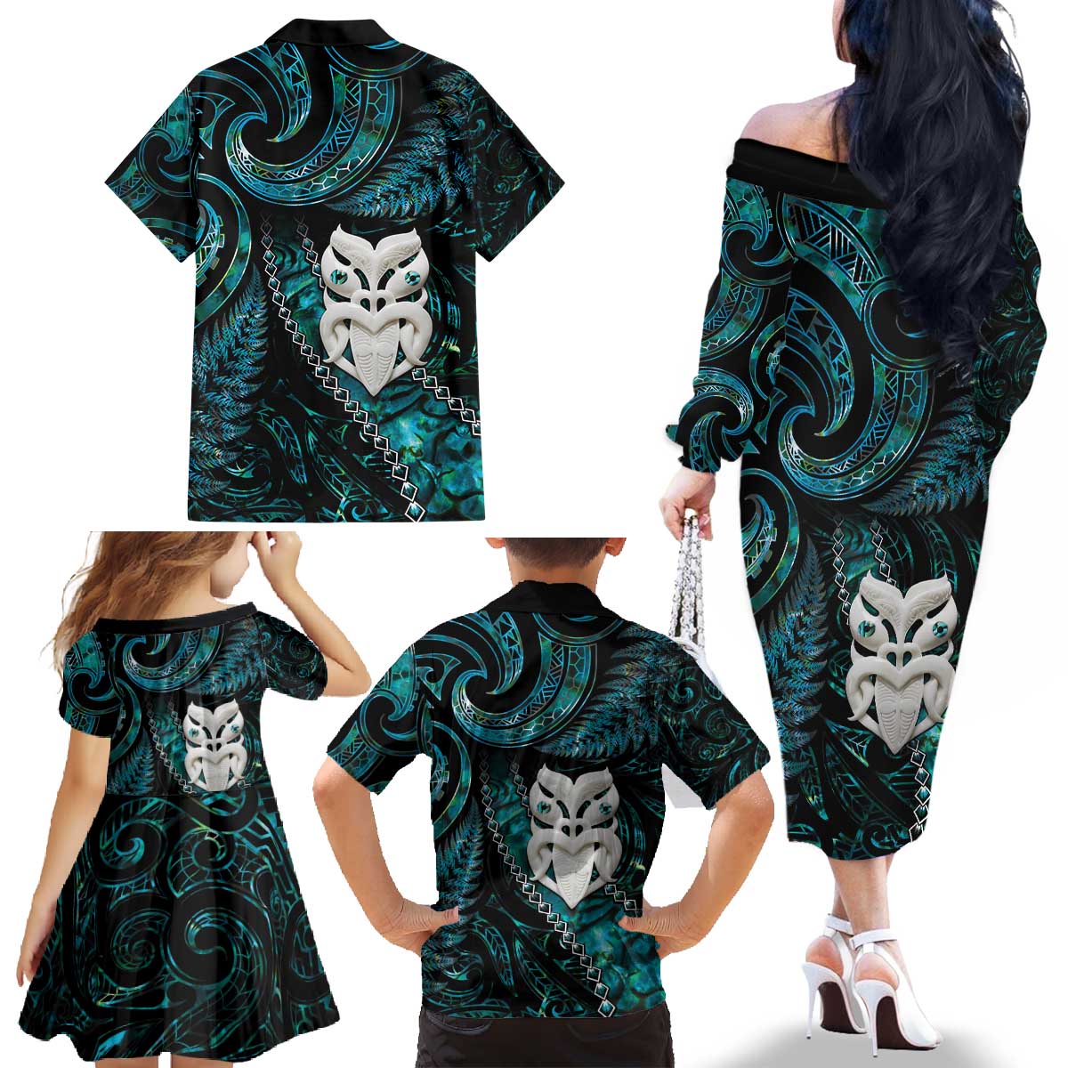 New Zealand Aotearoa Family Matching Off The Shoulder Long Sleeve Dress and Hawaiian Shirt Maori Wheku Paua Shell Glitter Turquoise LT05 - Polynesian Pride