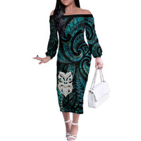 New Zealand Aotearoa Family Matching Off The Shoulder Long Sleeve Dress and Hawaiian Shirt Maori Wheku Paua Shell Glitter Turquoise LT05 Mom's Dress Turquoise - Polynesian Pride