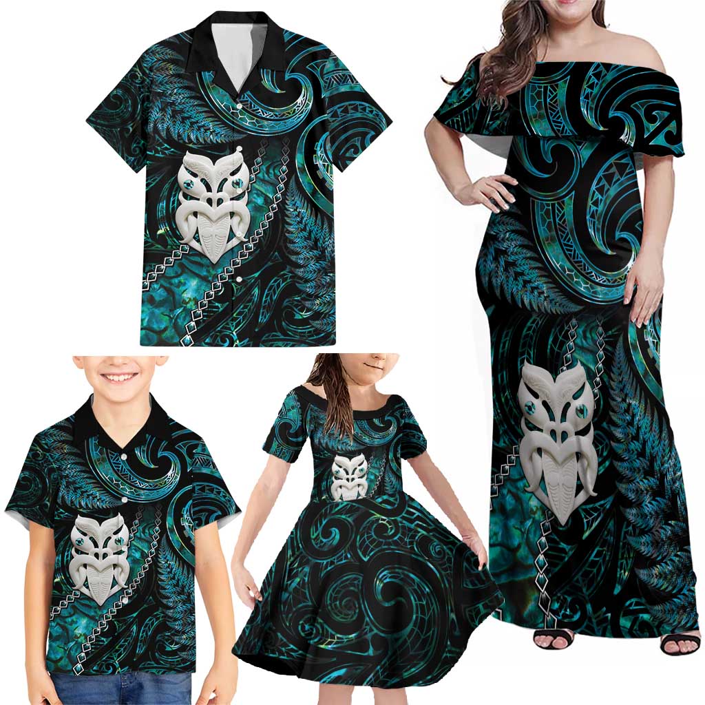 New Zealand Aotearoa Family Matching Off Shoulder Maxi Dress and Hawaiian Shirt Maori Wheku Paua Shell Glitter Turquoise LT05 - Polynesian Pride