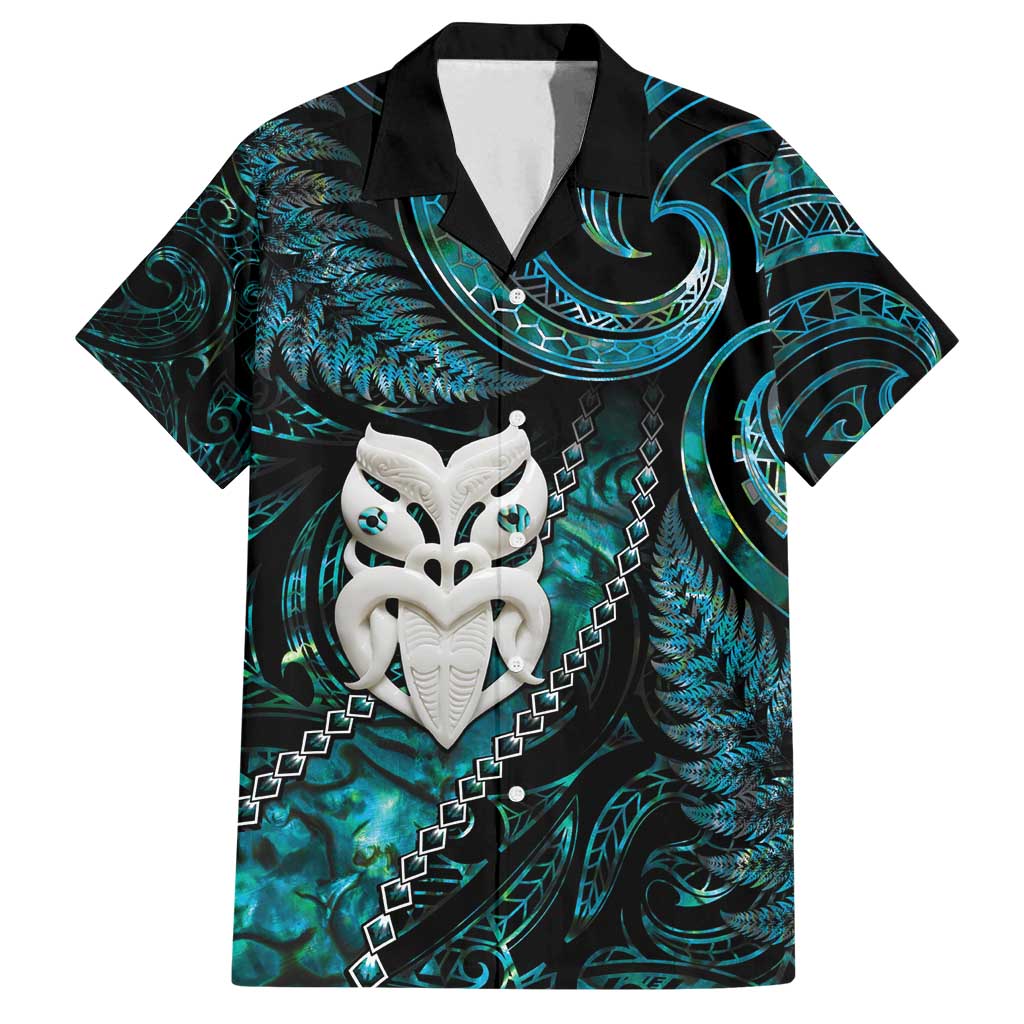 New Zealand Aotearoa Family Matching Off Shoulder Maxi Dress and Hawaiian Shirt Maori Wheku Paua Shell Glitter Turquoise LT05 Dad's Shirt - Short Sleeve Turquoise - Polynesian Pride