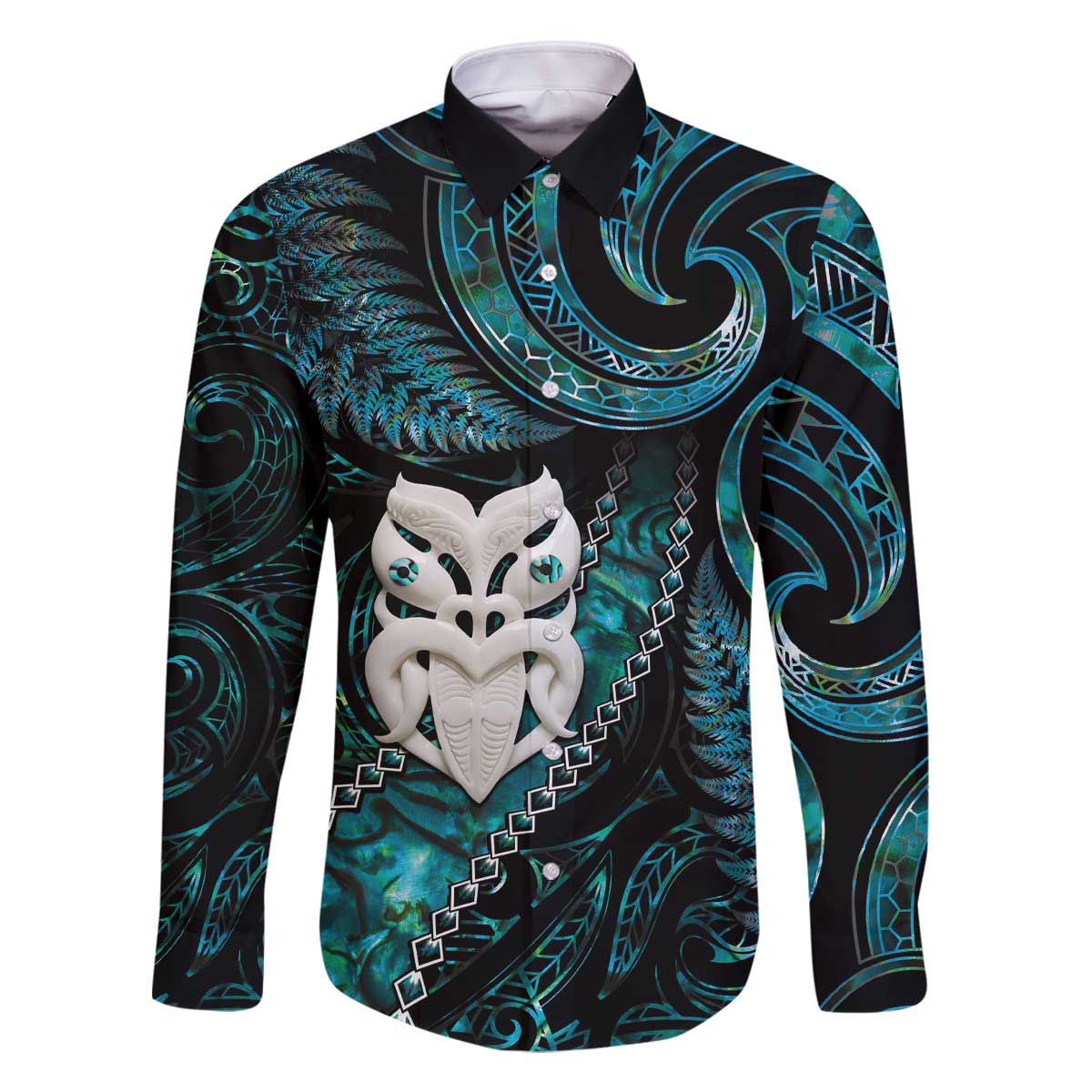 New Zealand Aotearoa Family Matching Off Shoulder Short Dress and Hawaiian Shirt Maori Wheku Paua Shell Glitter Turquoise LT05 Dad's Shirt - Long Sleeve Turquoise - Polynesian Pride