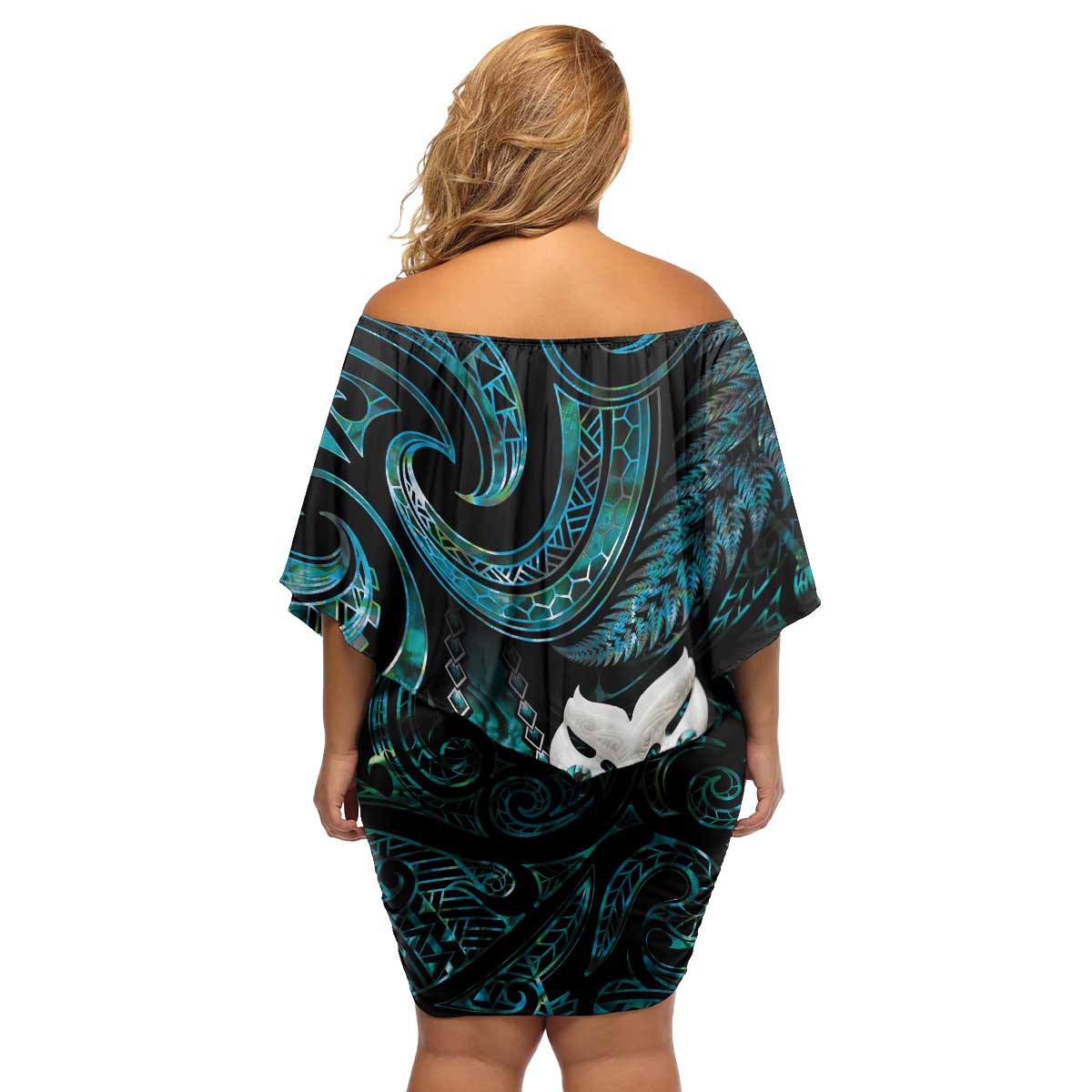 New Zealand Aotearoa Family Matching Off Shoulder Short Dress and Hawaiian Shirt Maori Wheku Paua Shell Glitter Turquoise LT05 - Polynesian Pride