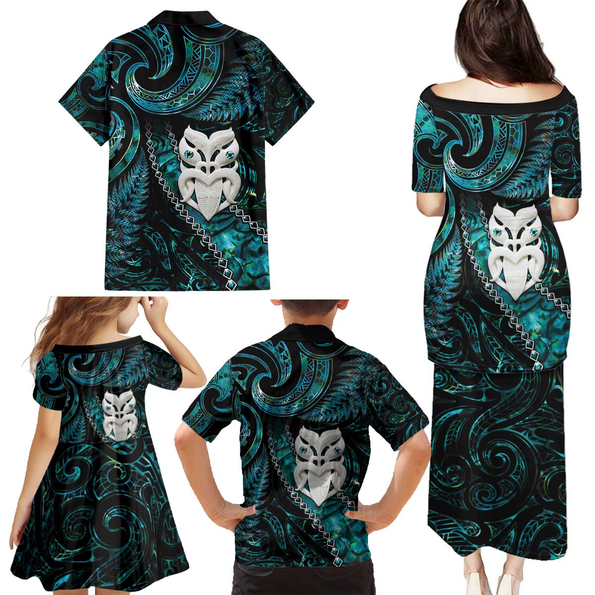 New Zealand Aotearoa Family Matching Puletasi and Hawaiian Shirt Maori Wheku Paua Shell Glitter Turquoise LT05 - Polynesian Pride