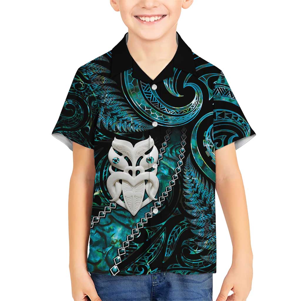 New Zealand Aotearoa Family Matching Short Sleeve Bodycon Dress and Hawaiian Shirt Maori Wheku Paua Shell Glitter Turquoise LT05 Son's Shirt Turquoise - Polynesian Pride