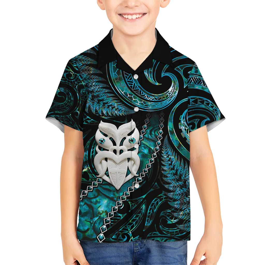 New Zealand Aotearoa Family Matching Tank Maxi Dress and Hawaiian Shirt Maori Wheku Paua Shell Glitter Turquoise LT05 Son's Shirt Turquoise - Polynesian Pride