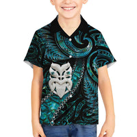 New Zealand Aotearoa Kid Hawaiian Shirt Maori Wheku Paua Shell Glitter Turquoise