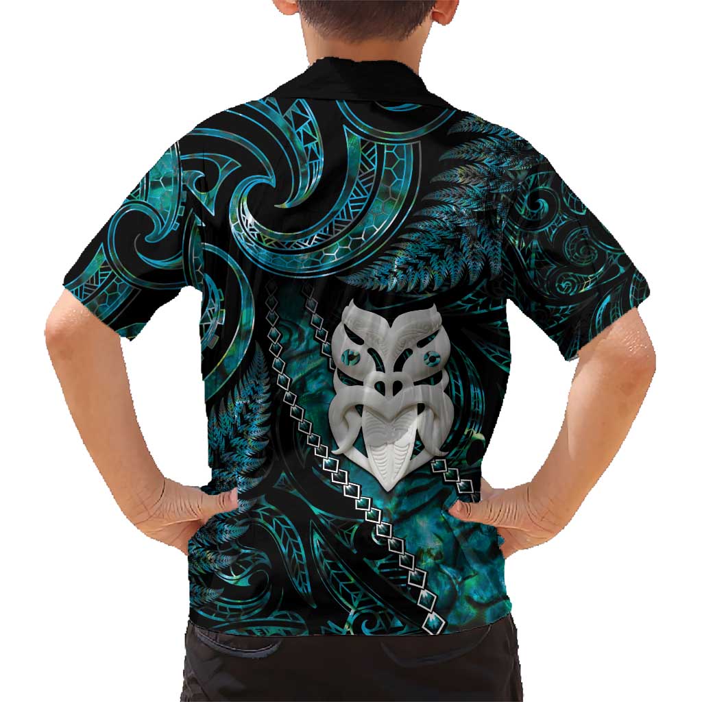 New Zealand Aotearoa Kid Hawaiian Shirt Maori Wheku Paua Shell Glitter Turquoise