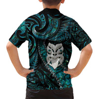 New Zealand Aotearoa Kid Hawaiian Shirt Maori Wheku Paua Shell Glitter Turquoise