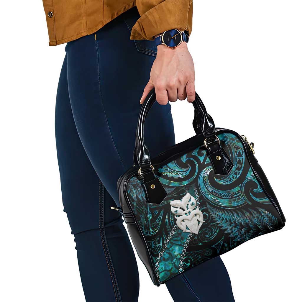 New Zealand Aotearoa Shoulder Handbag Maori Wheku Paua Shell Glitter Turquoise