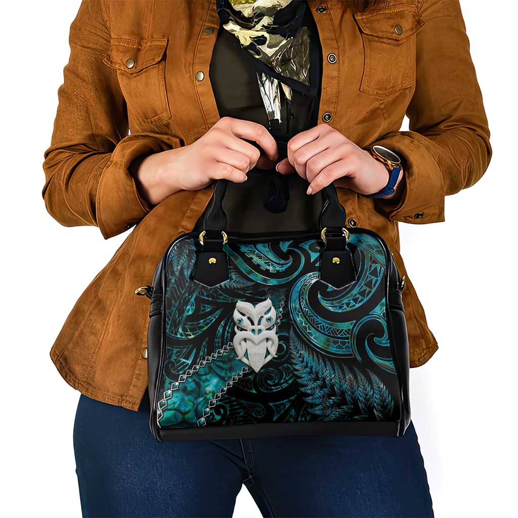 New Zealand Aotearoa Shoulder Handbag Maori Wheku Paua Shell Glitter Turquoise