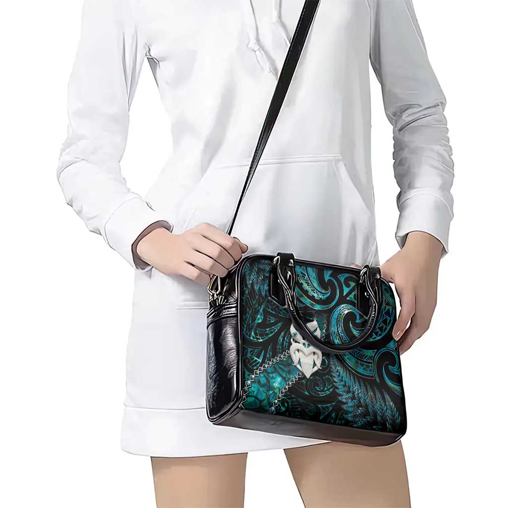 New Zealand Aotearoa Shoulder Handbag Maori Wheku Paua Shell Glitter Turquoise