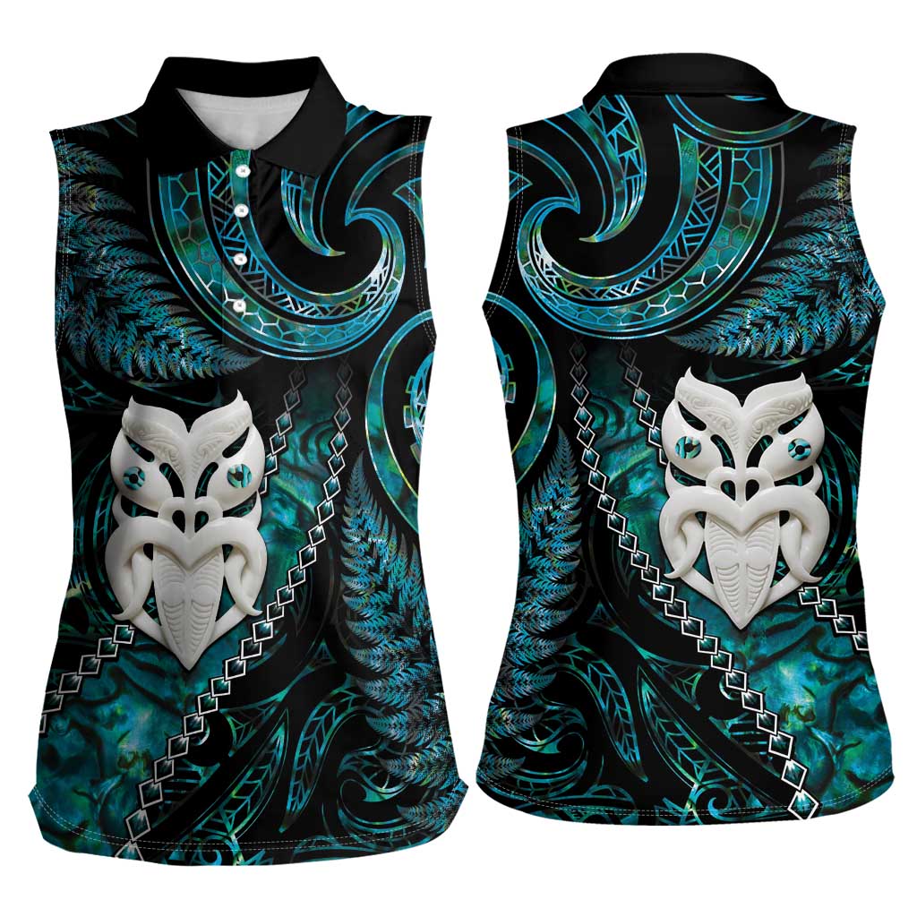New Zealand Aotearoa Women Sleeveless Polo Shirt Maori Wheku Paua Shell Glitter Turquoise
