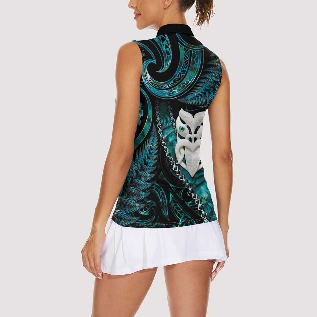 New Zealand Aotearoa Women Sleeveless Polo Shirt Maori Wheku Paua Shell Glitter Turquoise