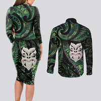 New Zealand Aotearoa Couples Matching Long Sleeve Bodycon Dress and Long Sleeve Button Shirt Maori Wheku Paua Shell Glitter Green LT05 - Polynesian Pride
