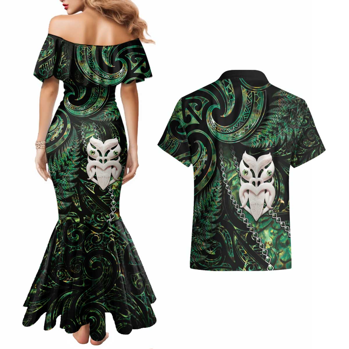 New Zealand Aotearoa Couples Matching Mermaid Dress and Hawaiian Shirt Maori Wheku Paua Shell Glitter Green LT05 - Polynesian Pride