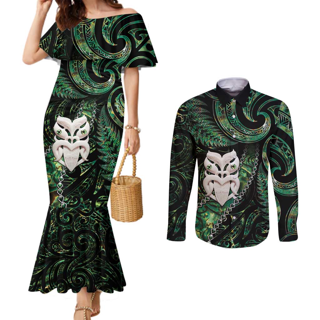 New Zealand Aotearoa Couples Matching Mermaid Dress and Long Sleeve Button Shirt Maori Wheku Paua Shell Glitter Green LT05 Green - Polynesian Pride