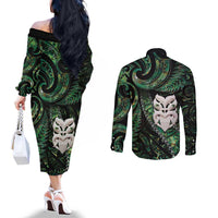 New Zealand Aotearoa Couples Matching Off The Shoulder Long Sleeve Dress and Long Sleeve Button Shirt Maori Wheku Paua Shell Glitter Green LT05 - Polynesian Pride