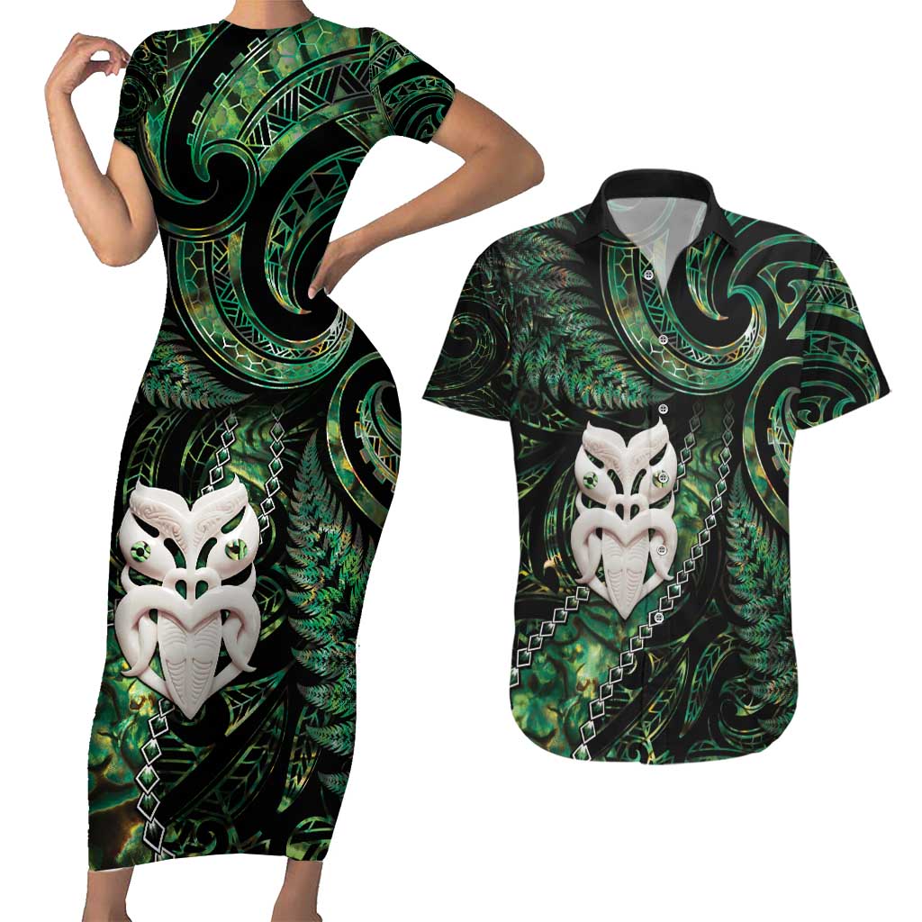 New Zealand Aotearoa Couples Matching Short Sleeve Bodycon Dress and Hawaiian Shirt Maori Wheku Paua Shell Glitter Green LT05 Green - Polynesian Pride
